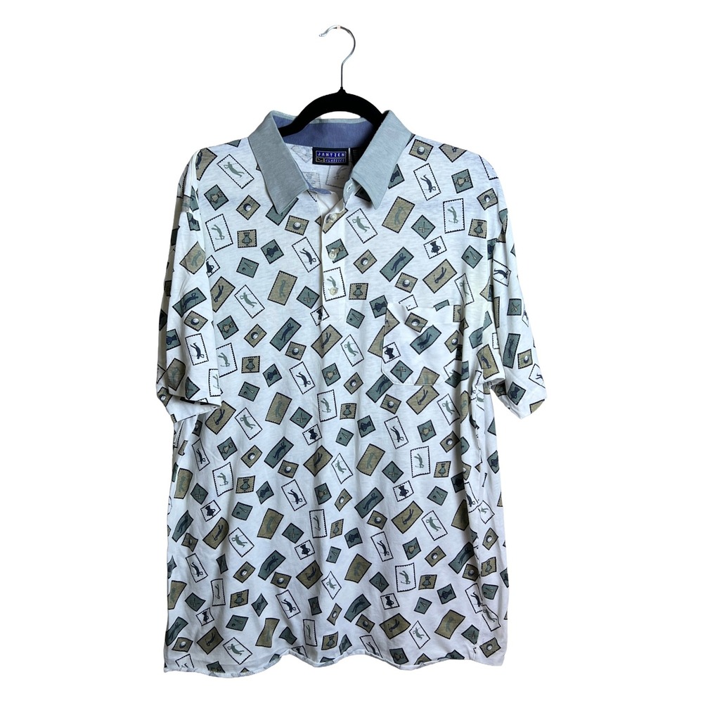 Vintage Jantzen Classics Mens XL Golf Stamp Print Polo Shirt White 90s Retro